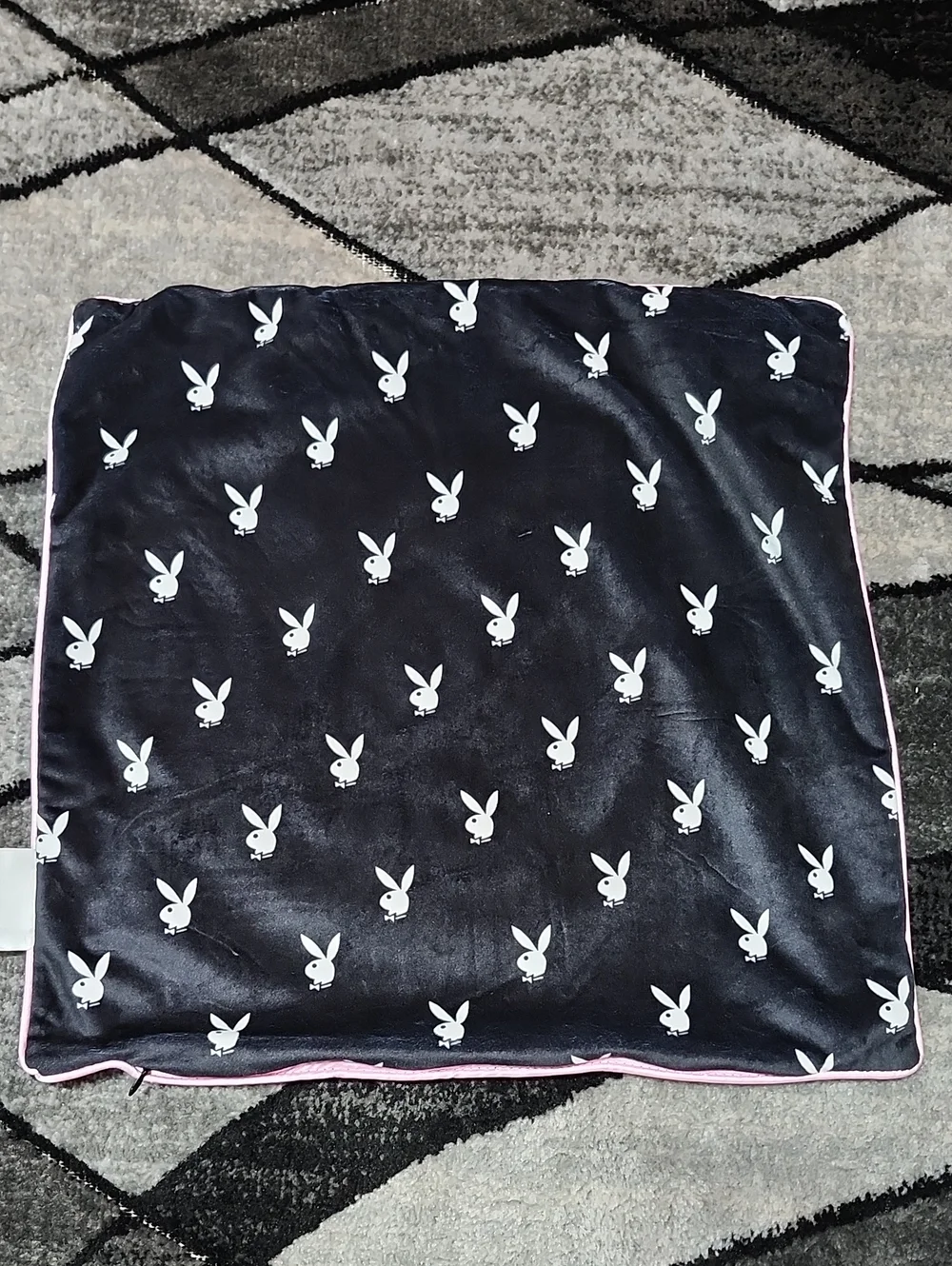 PLAYBOY BUNNY EMBROIDERED BUNNY/DOUBLE SIDED MONOGRAM BLACK SQUARE PILLOW-CASE
